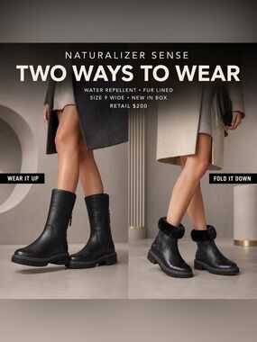 Naturalizer Sense Water Repellent Black Ankle/Mid-Calf Fur Lined Boot 9 Wide NIB
